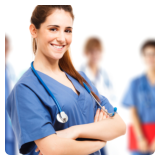 caregiver with stethoscope smiling