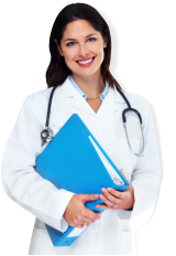 caregiver with stethoscope holding a folder