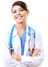 caregiver with stethoscope smiling